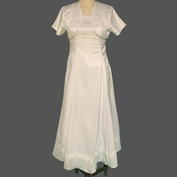 BEAD EMBROIDERED WHT SATIN A-LINE DRESS & MATCHING SHRT-SLEEVED CROP JACKET SZ 8 - Picture 2 of 5